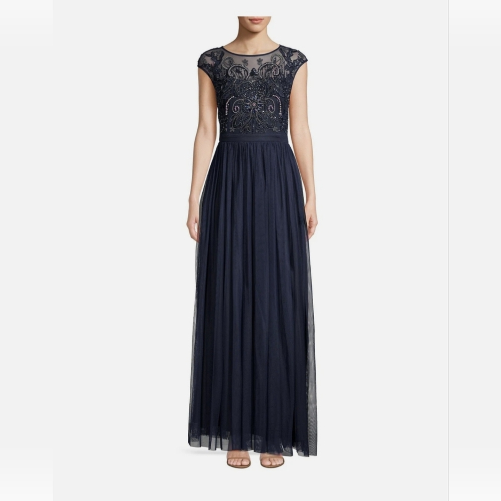 Aidan Mattox Navy Lace Maxi Dress Size 2, Like New